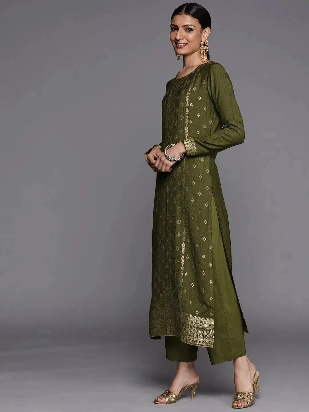 Olive Self Design Pashmina Wool Straight Kurta With Dupatta