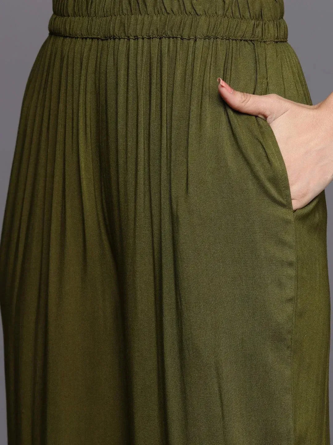 Olive Self Design Pashmina Wool Straight Kurta With Dupatta