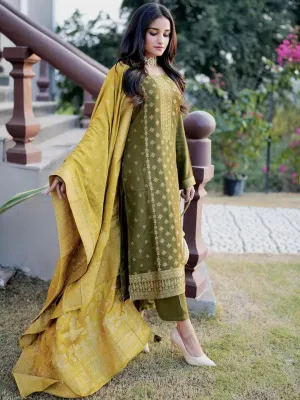 Olive Self Design Pashmina Wool Straight Kurta With Dupatta