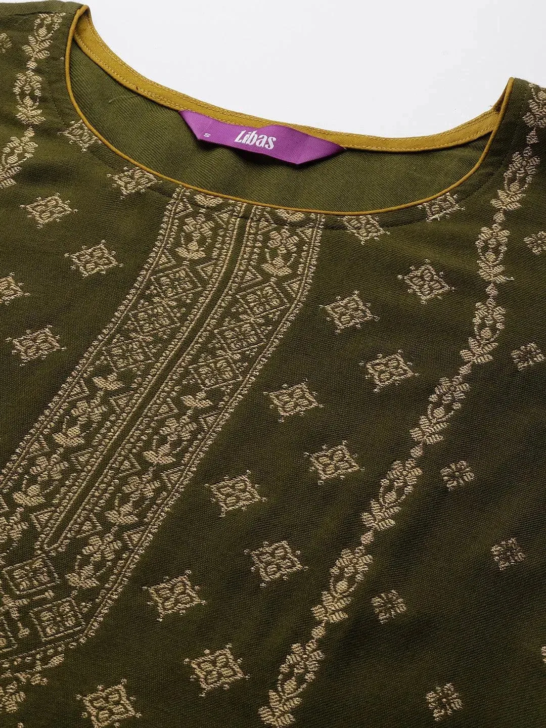 Olive Self Design Pashmina Wool Straight Kurta With Dupatta