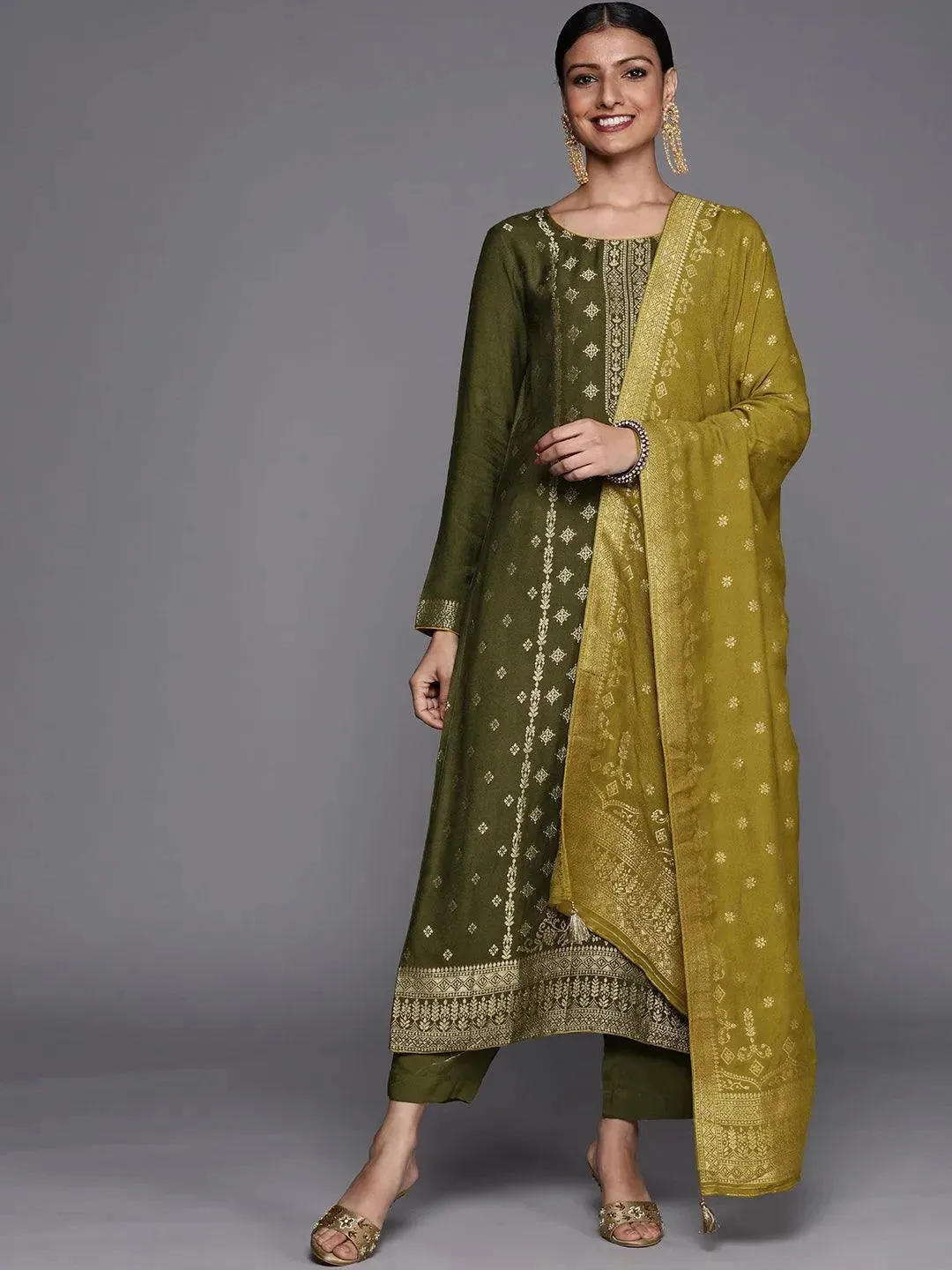 Olive Self Design Pashmina Wool Straight Kurta With Dupatta