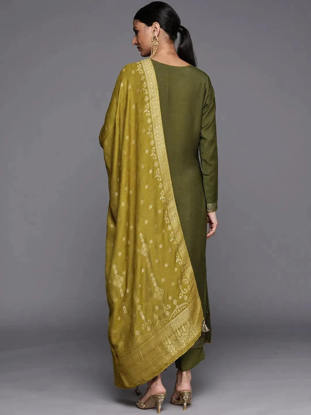 Olive Self Design Pashmina Wool Straight Kurta With Dupatta
