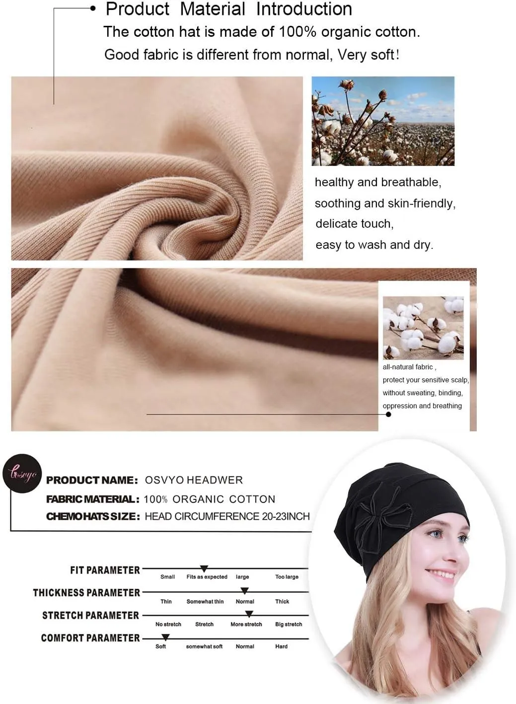 osvyo Cotton Chemo Turbans Headwear Beanie Hat Cap for Women Cancer Patient Hairloss