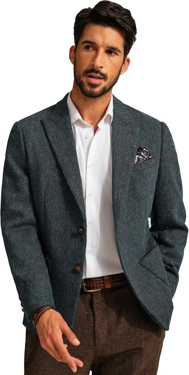 PJ PAUL JONES Mens Blazer Vintage Herringbone Tweed Blazer Two Button Wool Blend Sport Coat with Pocket Square