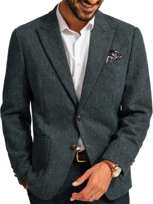 PJ PAUL JONES Mens Blazer Vintage Herringbone Tweed Blazer Two Button Wool Blend Sport Coat with Pocket Square