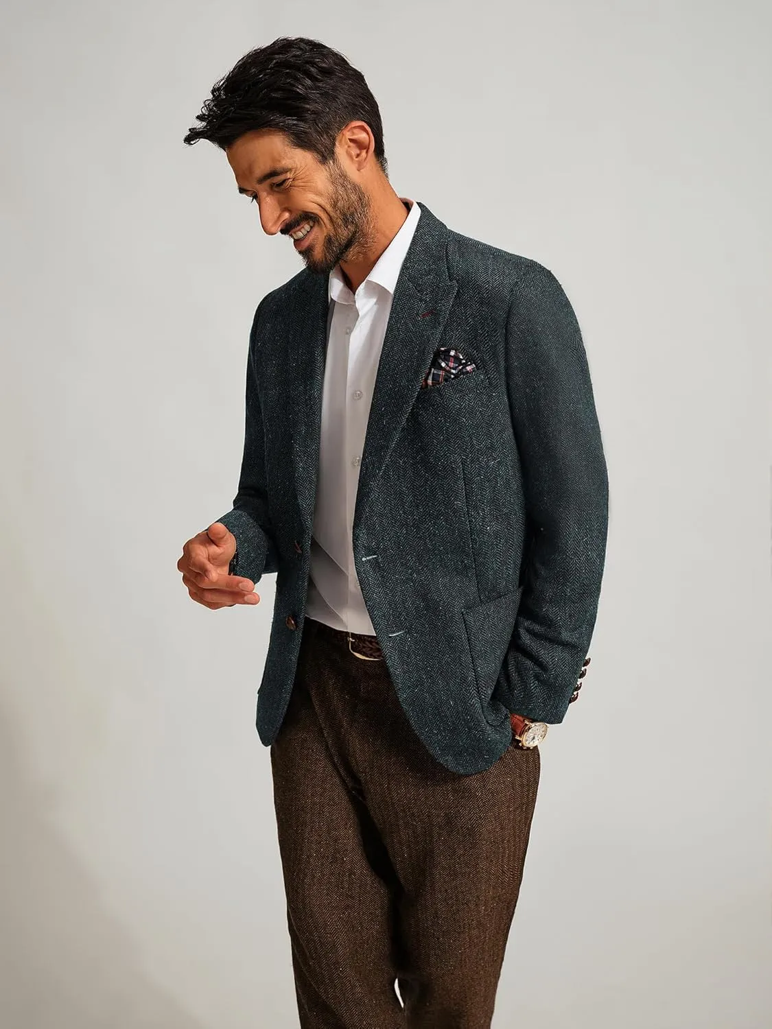 PJ PAUL JONES Mens Blazer Vintage Herringbone Tweed Blazer Two Button Wool Blend Sport Coat with Pocket Square