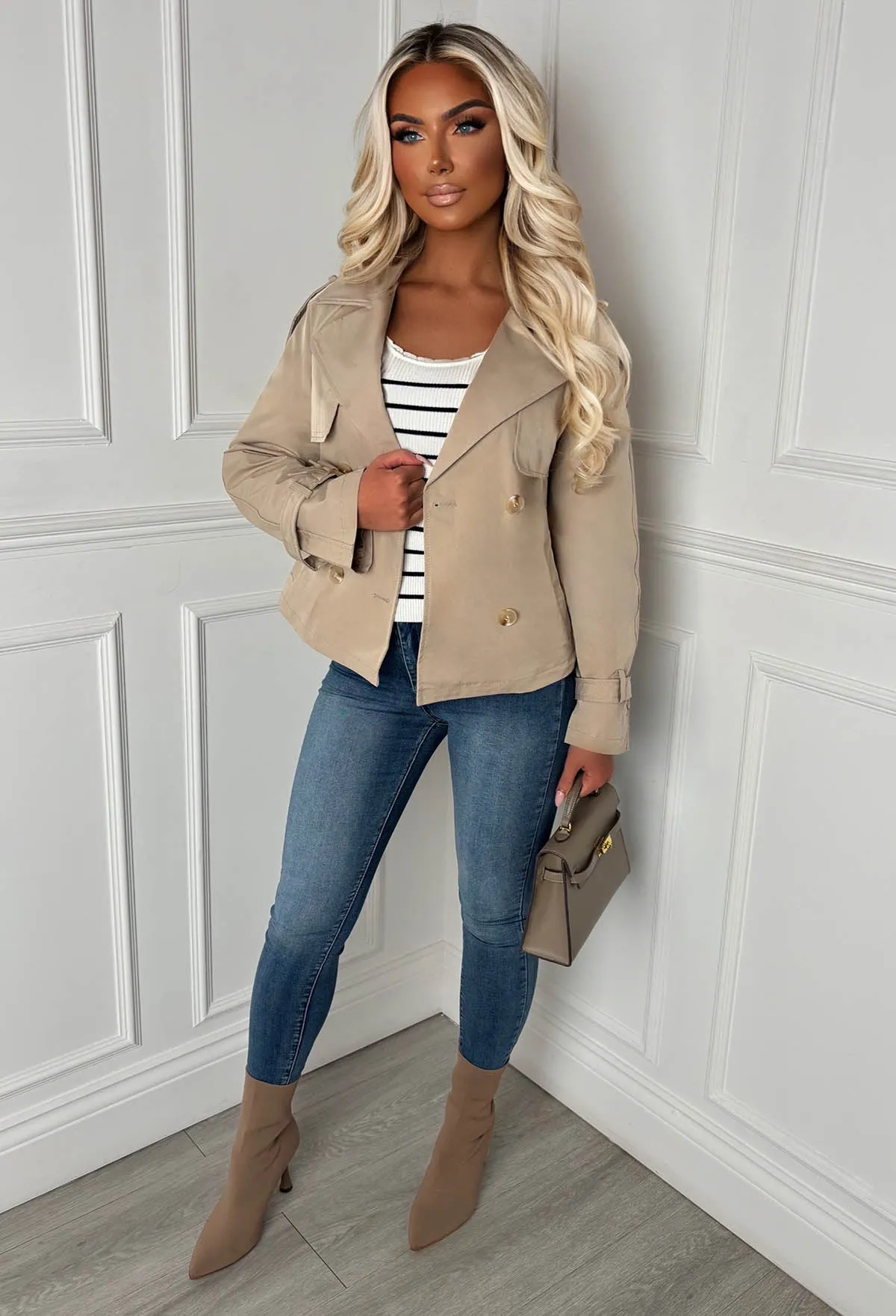 Private Society Beige Belted Cropped Trench Coat