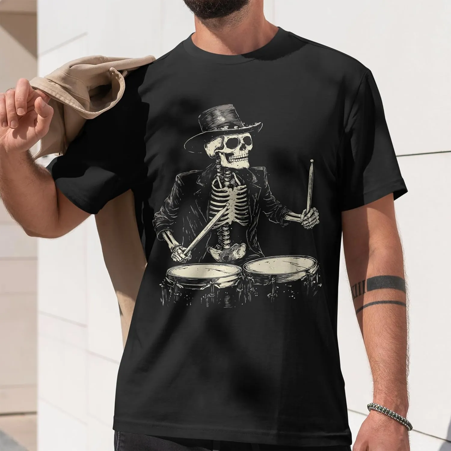 Skeleton Drummer Shirt Vintage Band Shirt Gift for Rock Music Lover Skull T-Shirt for Men