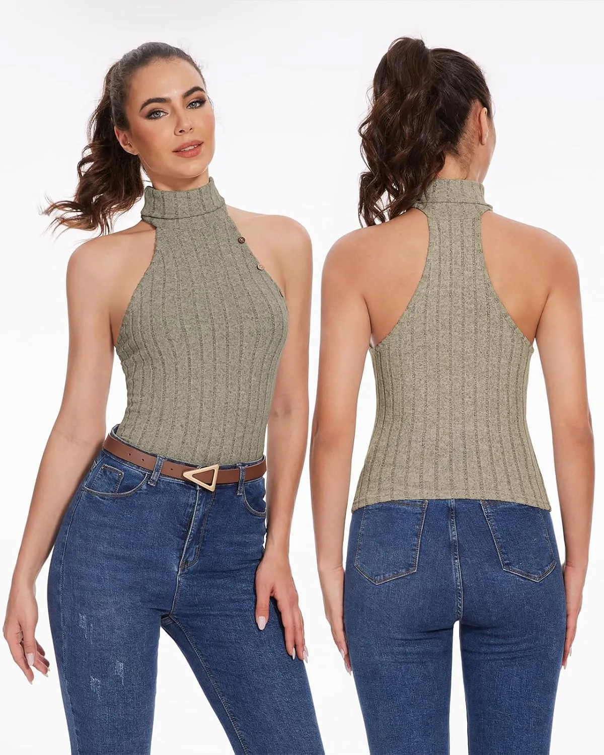 Sleeveless Sweater Tops for Women Halter Mock Neck Tank Top Going Out Knit Rib Slim Fit Vest Summer Tanks Tops