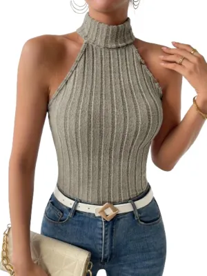 Sleeveless Sweater Tops for Women Halter Mock Neck Tank Top Going Out Knit Rib Slim Fit Vest Summer Tanks Tops