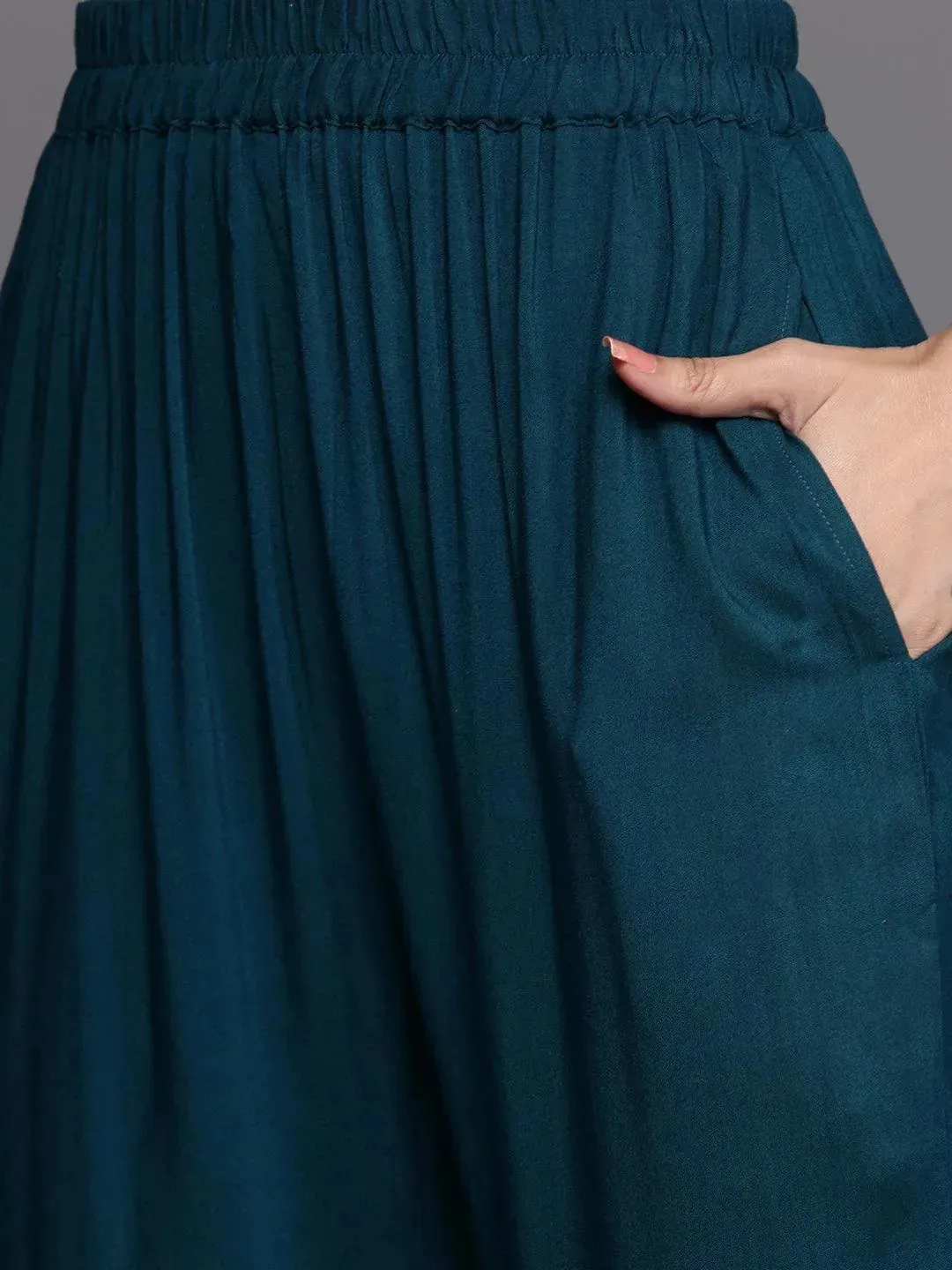 Teal Self Design Pashmina Wool Straight Kurta With Dupatta