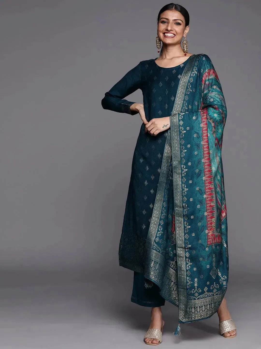 Teal Self Design Pashmina Wool Straight Kurta With Dupatta