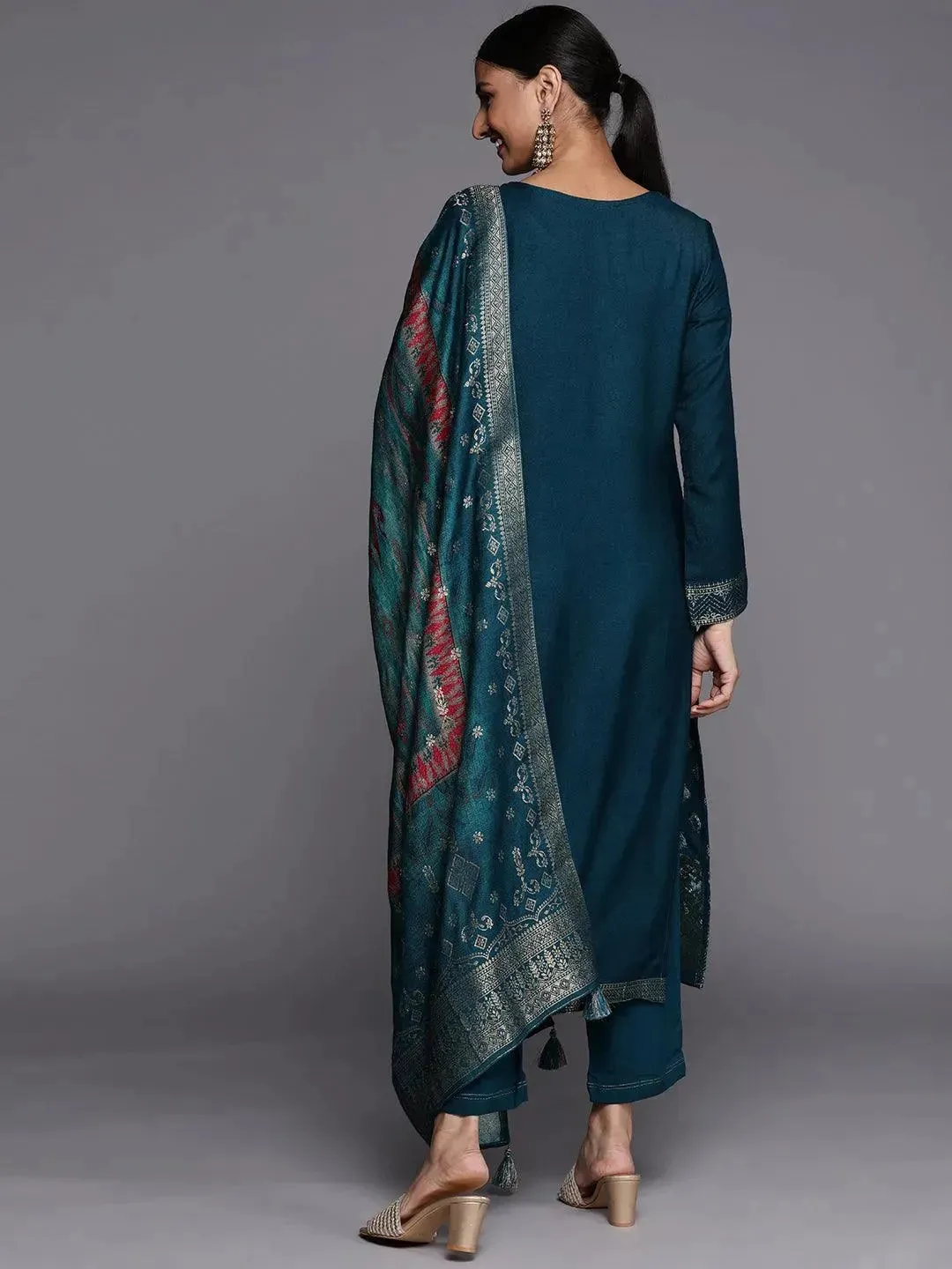 Teal Self Design Pashmina Wool Straight Kurta With Dupatta