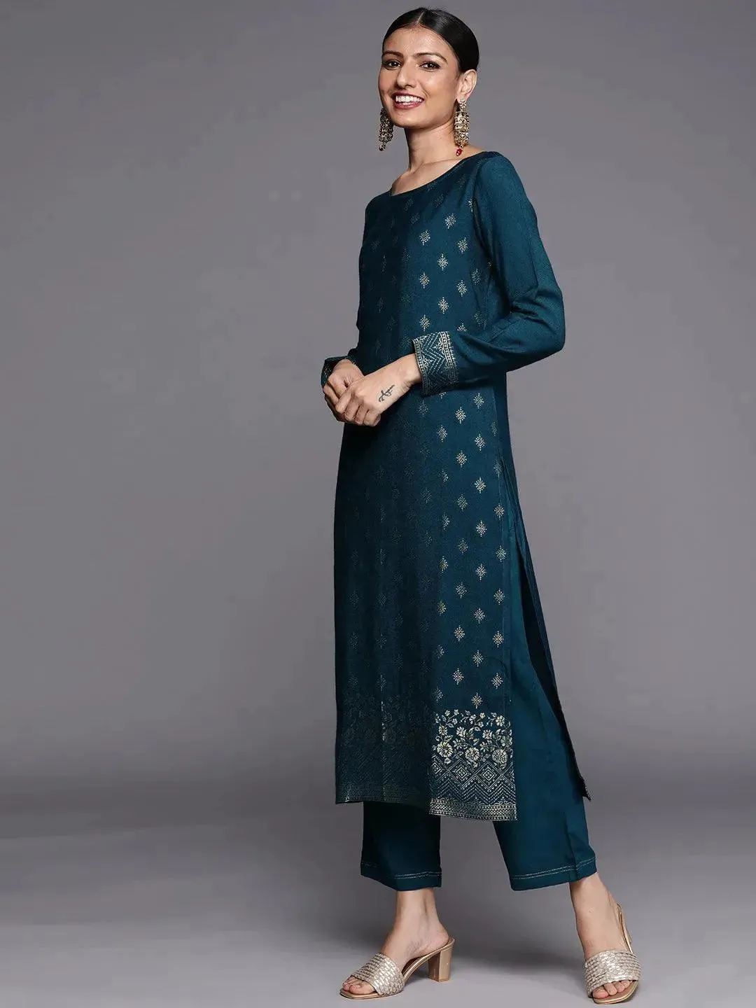 Teal Self Design Pashmina Wool Straight Kurta With Dupatta