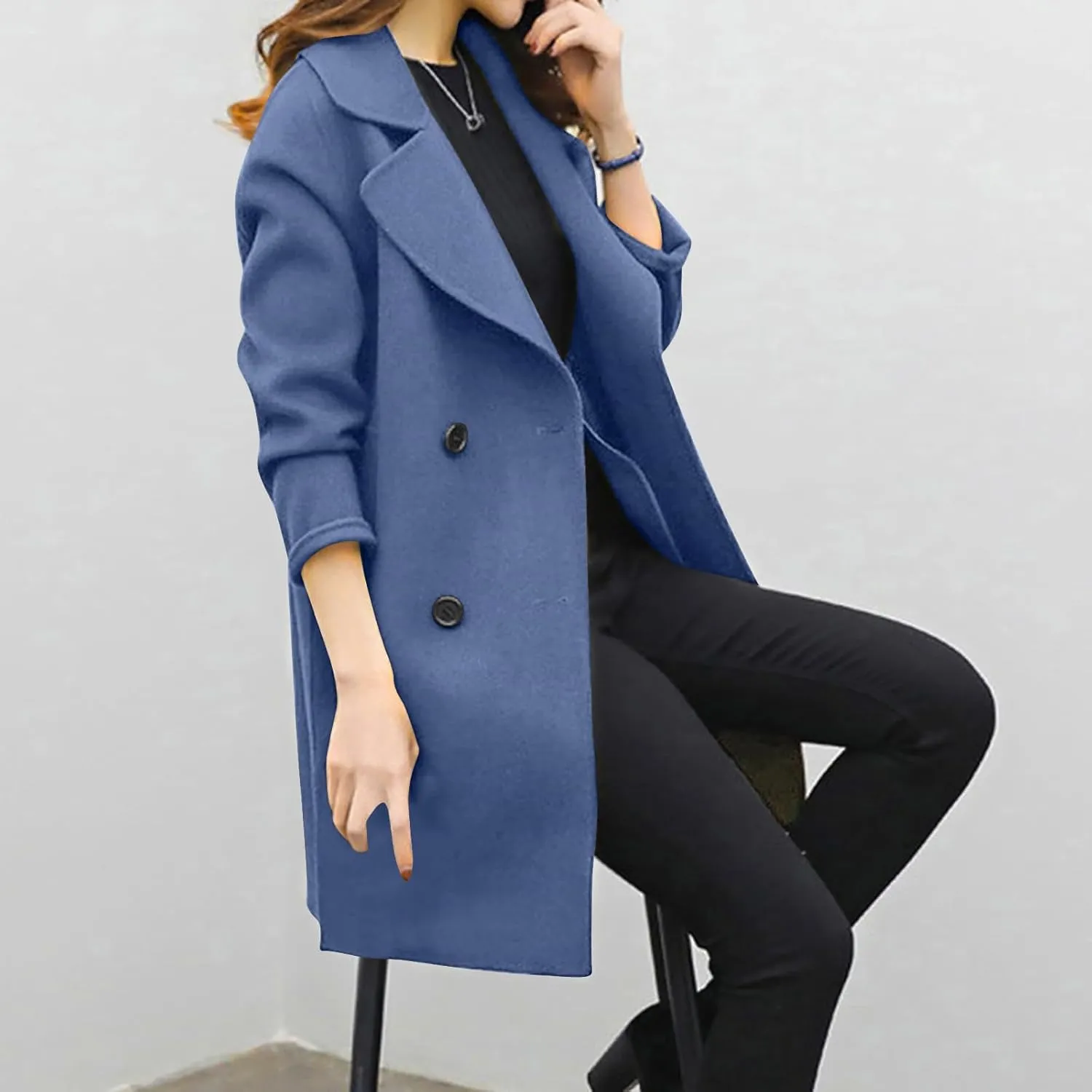 Trench Coat for Women 2024 Winter Warm Wool Blend Pea Coats Lapel Collar Double Breasted Over Coats Long Jackets