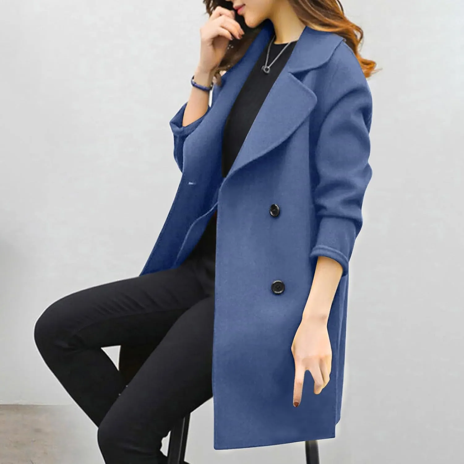 Trench Coat for Women 2024 Winter Warm Wool Blend Pea Coats Lapel Collar Double Breasted Over Coats Long Jackets