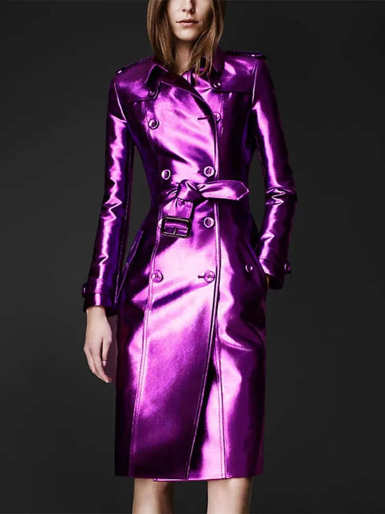 Trend4us Glossy Metallic Belted Trench Coat