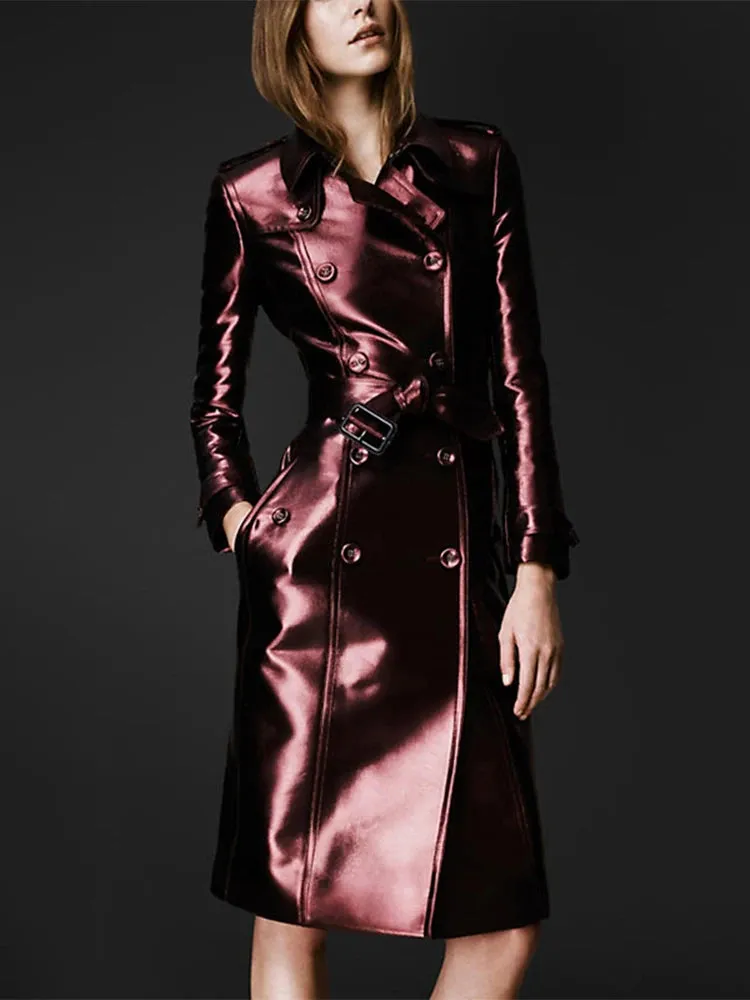Trend4us Glossy Metallic Belted Trench Coat