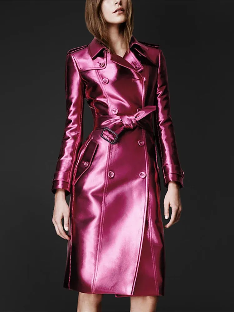 Trend4us Glossy Metallic Belted Trench Coat