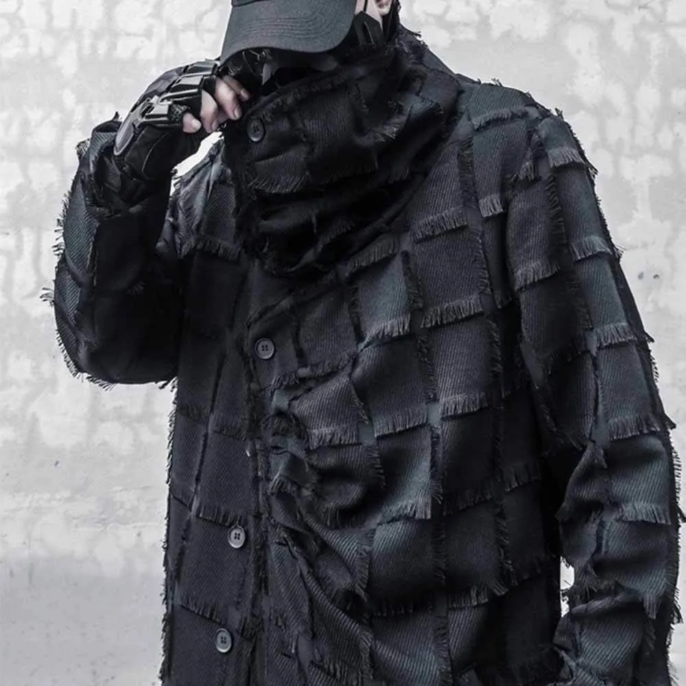 Vintage Plaid Irregular High Collar Hooded Windbreaker