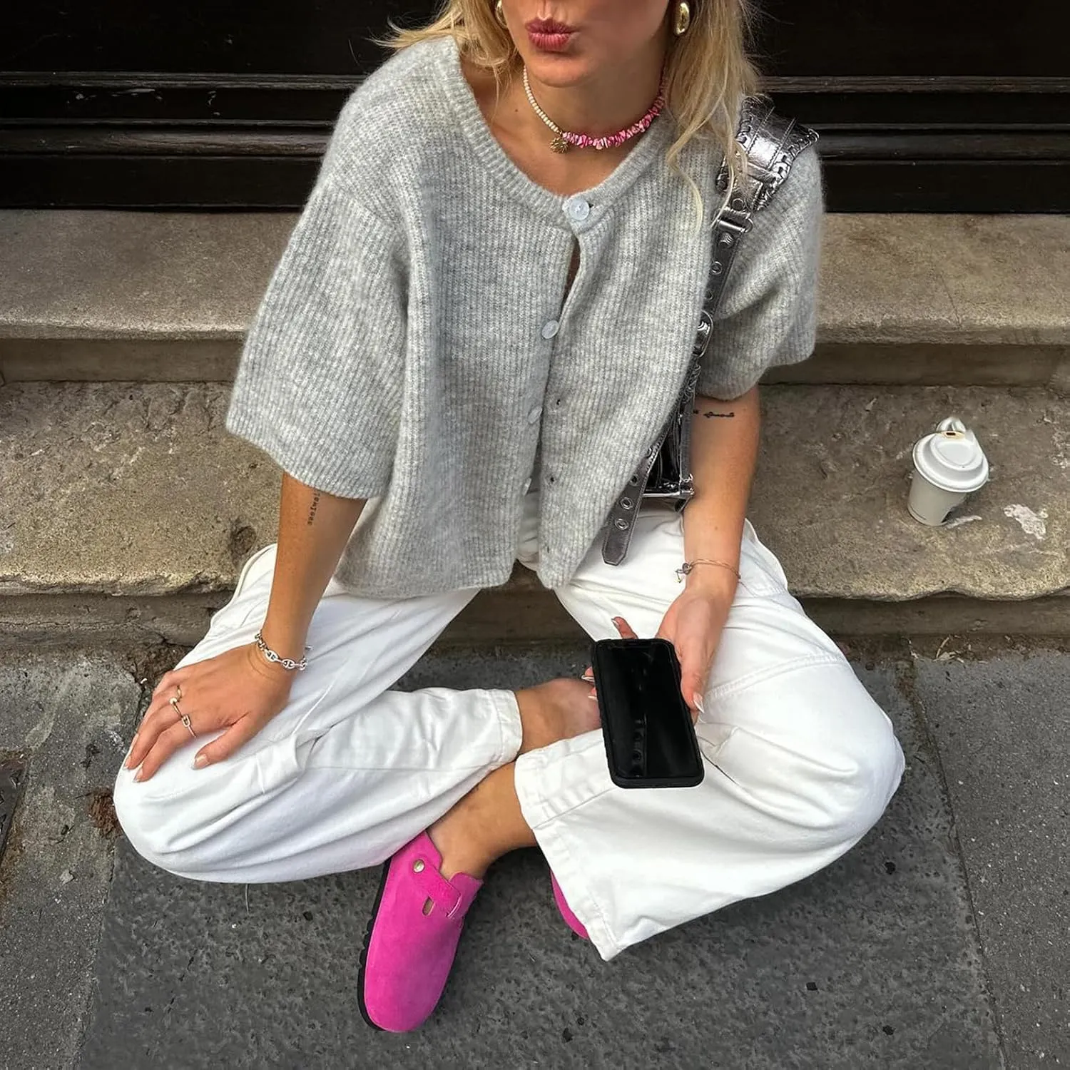 Women Knitted Crop Cardigan Shirt Short Sleeve Y2k Button up Knit Cute Going Out Sweaters