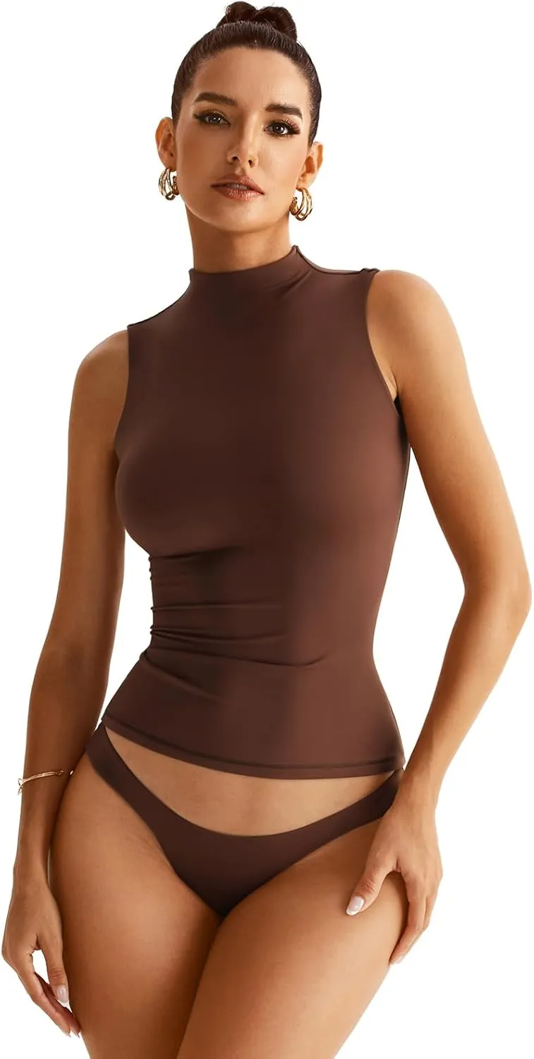 Women Sleeveless Mock Turtle Neck Tops Double Lined Fitted Tank Tops Basic T Shirts 2025
