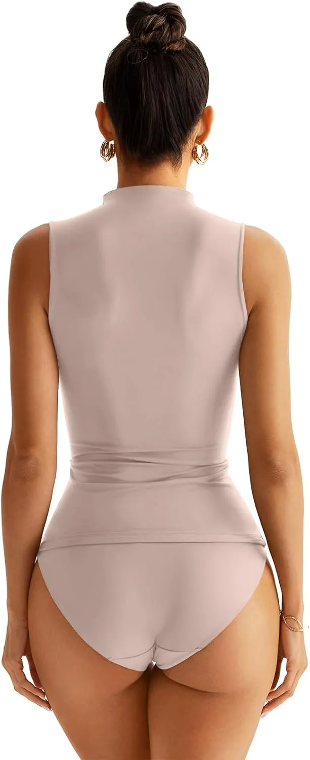 Women Sleeveless Mock Turtle Neck Tops Double Lined Fitted Tank Tops Basic T Shirts 2025