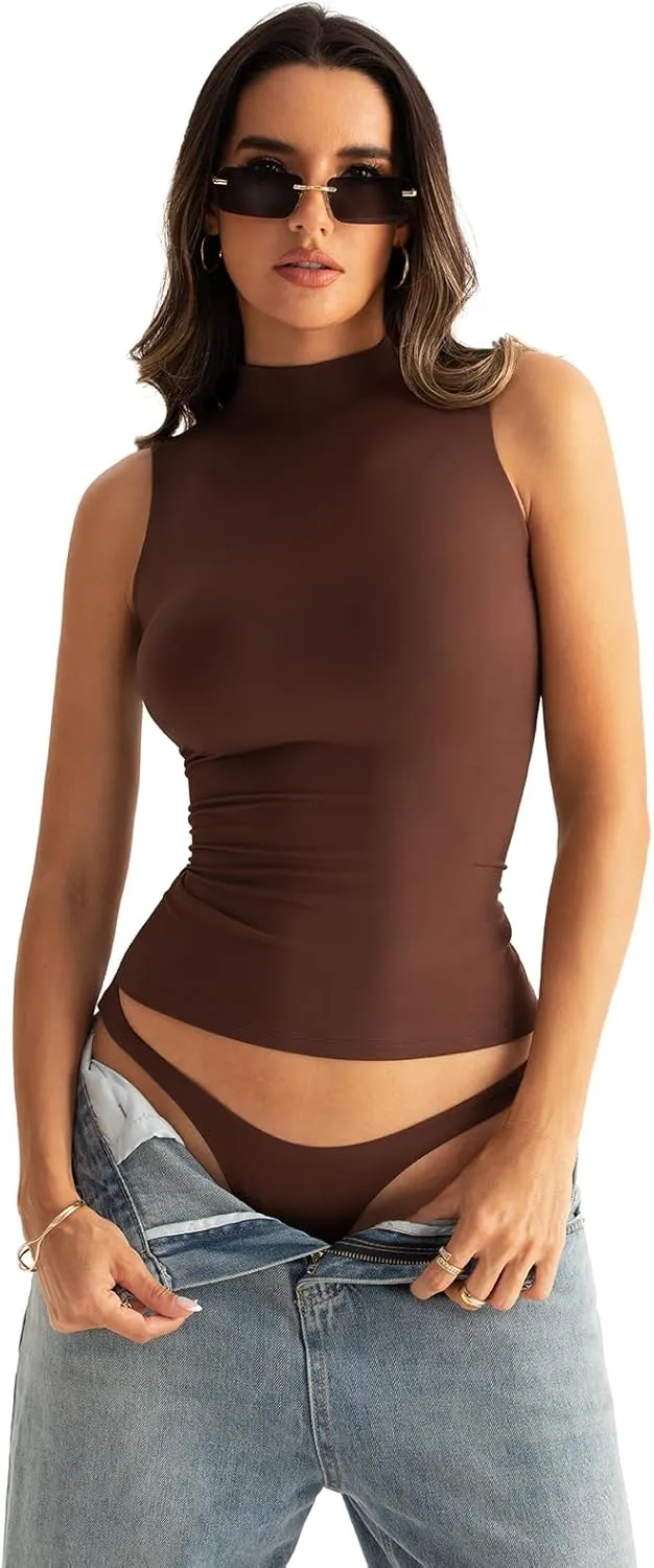 Women Sleeveless Mock Turtle Neck Tops Double Lined Fitted Tank Tops Basic T Shirts 2025