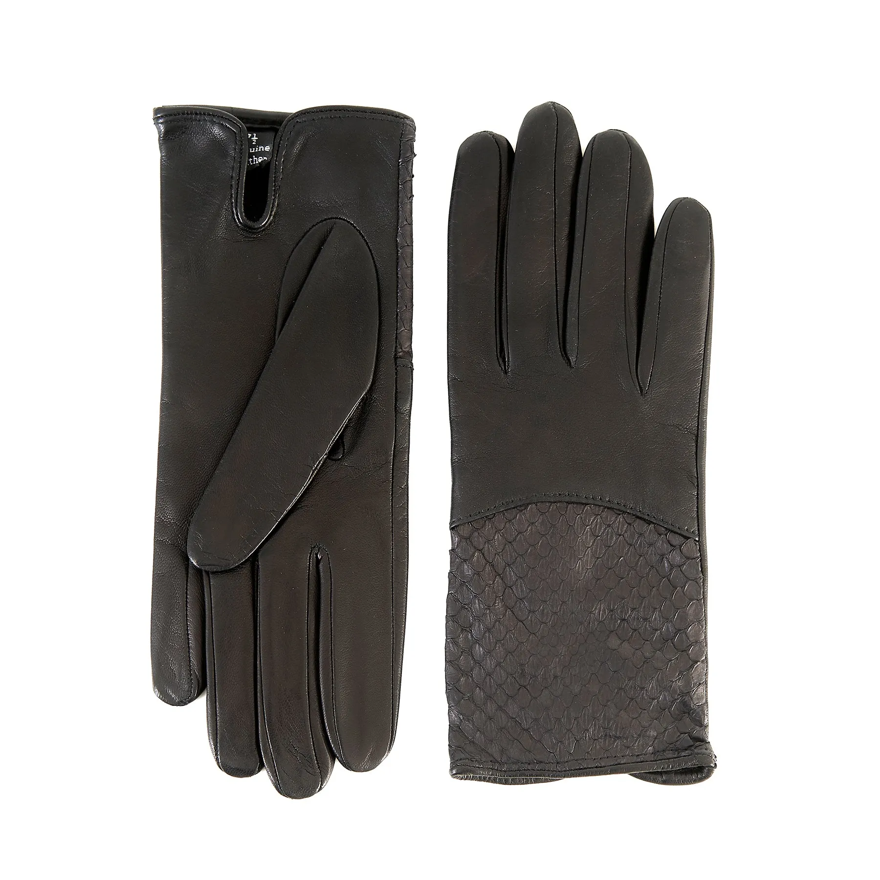Women's black nappa leather gloves with water reptile top silk lined