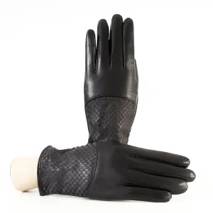 Women's black nappa leather gloves with water reptile top silk lined