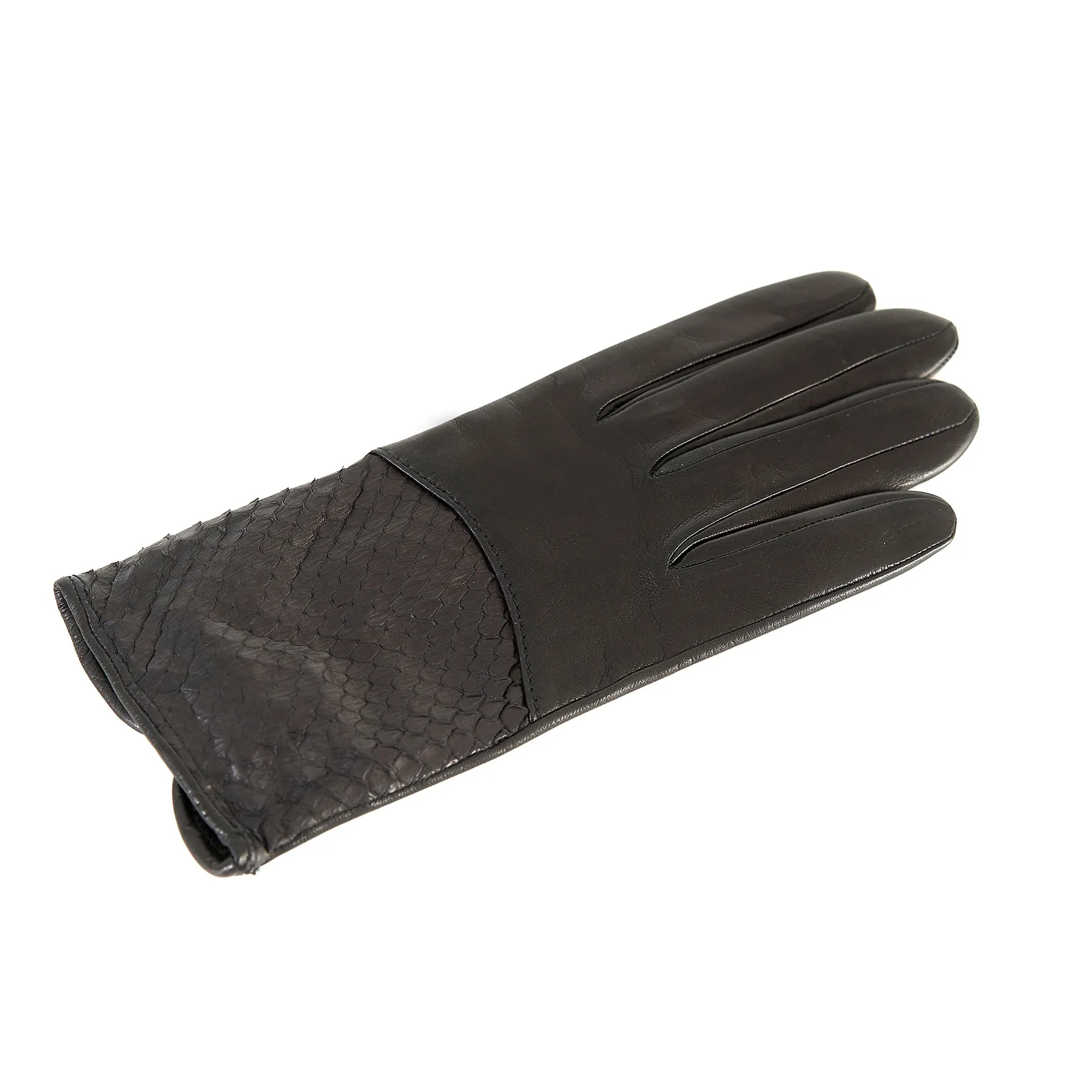 Women's black nappa leather gloves with water reptile top silk lined