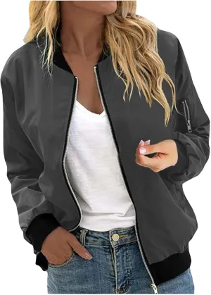 Women's Bomber Jacket 2024 Casual Fall Coats Fashion Zip Up Long Sleeve Outerwear Windbreaker with Pockets, Large