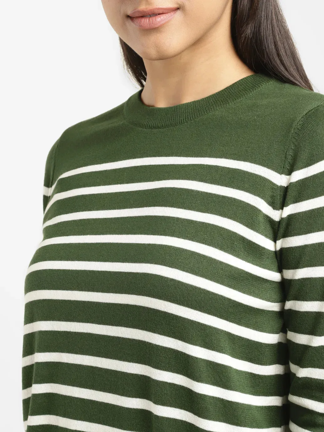 Women's Striped Green Crew Neck Sweater