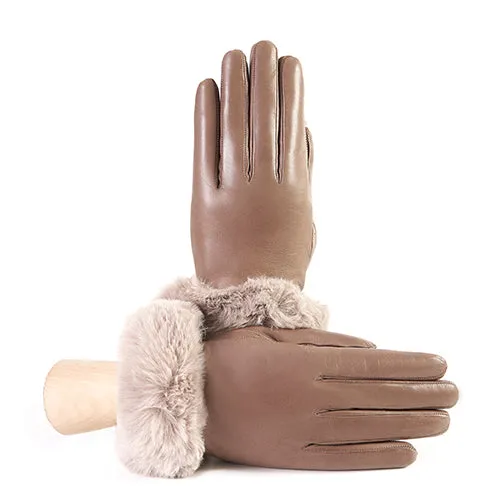 Women's taupe nappa leather gloves with faux fur