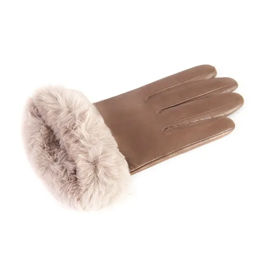 Women's taupe nappa leather gloves with faux fur