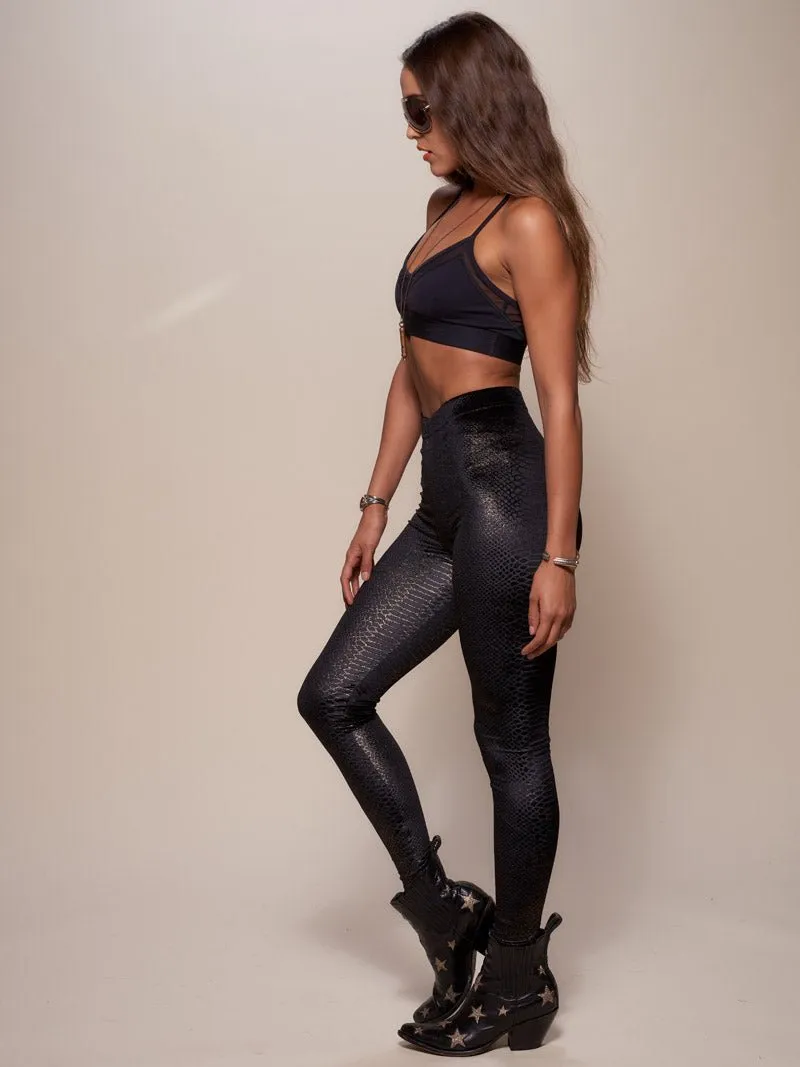 Women's Velvet Leggings | Black Metallic Snakeskin