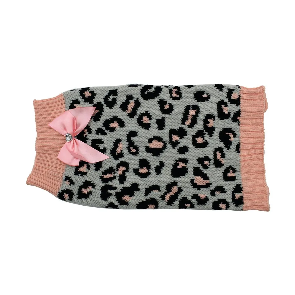 ZeeZ – Knitted Dog Sweater – Grey/Pink Leopard
